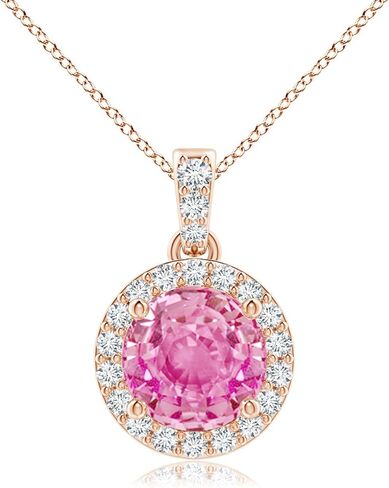 Angara Natural Pink Sapphire Pendant for Women | Round Pink Sapphire Dangle Pendant with Diamond Halo in 14K Solid Gold/Platinum With 18" Chain | Birthday, Anniversary, Gemstone Jewelry Gift in Saudi Arabia