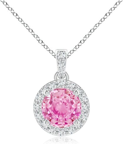 Angara Natural Pink Sapphire Pendant for Women | Round Pink Sapphire Dangle Pendant with Diamond Halo in 14K Solid Gold/Platinum With 18" Chain | Birthday, Anniversary, Gemstone Jewelry Gift in Saudi Arabia