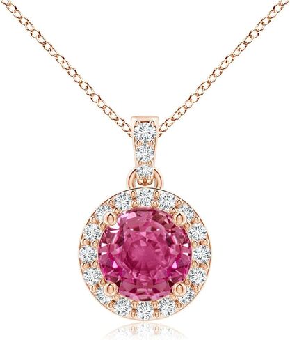 Angara Natural Pink Sapphire Pendant for Women | Round Pink Sapphire Dangle Pendant with Diamond Halo in 14K Solid Gold/Platinum With 18" Chain | Birthday, Anniversary, Gemstone Jewelry Gift in Saudi Arabia