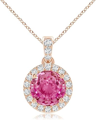 Angara Natural Pink Sapphire Pendant for Women | Round Pink Sapphire Dangle Pendant with Diamond Halo in 14K Solid Gold/Platinum With 18" Chain | Birthday, Anniversary, Gemstone Jewelry Gift in Saudi Arabia