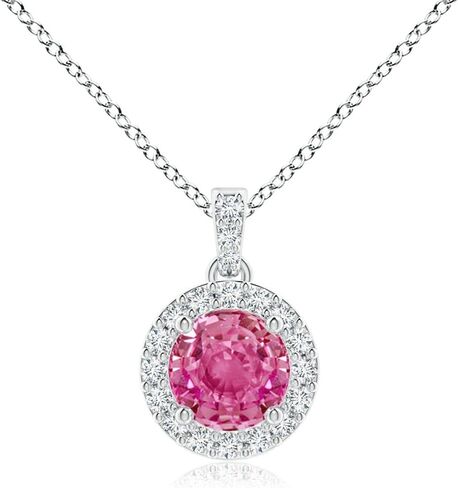 Angara Natural Pink Sapphire Pendant for Women | Round Pink Sapphire Dangle Pendant with Diamond Halo in 14K Solid Gold/Platinum With 18" Chain | Birthday, Anniversary, Gemstone Jewelry Gift in Saudi Arabia