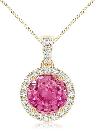 Angara Natural Pink Sapphire Pendant for Women | Round Pink Sapphire Dangle Pendant with Diamond Halo in 14K Solid Gold/Platinum With 18" Chain | Birthday, Anniversary, Gemstone Jewelry Gift in Saudi Arabia
