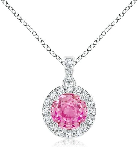 Angara Natural Pink Sapphire Pendant for Women | Round Pink Sapphire Dangle Pendant with Diamond Halo in 14K Solid Gold/Platinum With 18" Chain | Birthday, Anniversary, Gemstone Jewelry Gift in Saudi Arabia
