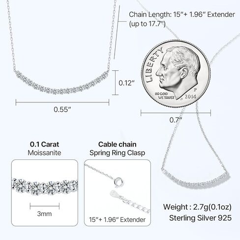 Half Tennis Bar Moissanite Diamond Necklaces for Women, 18K White Gold Vermeil over 925 Sterling Silver GRA Certified D Color VVS1 Lab Created, Dainty Everyday Jewelry, Birthday Gifts for Her in Saudi Arabia