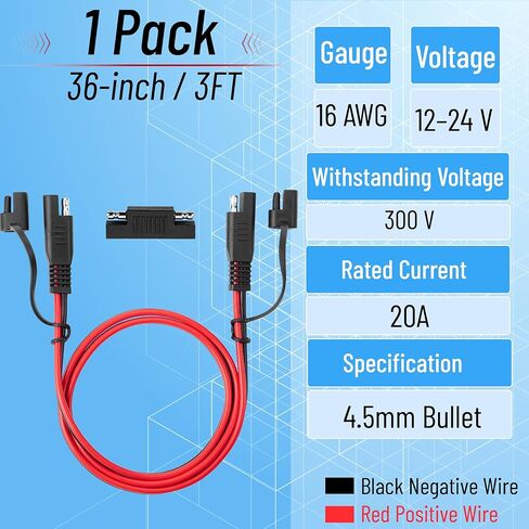 Bates- SAE to SAE Extension Cable, 3 FT, 16 AWG, SAE 2-Pin Quick Connect Disconnect with Polarity Reverse Adapter, Solar Panel Extension Cable for Battery Chargers, Maintainers & Motorcycles in Saudi Arabia