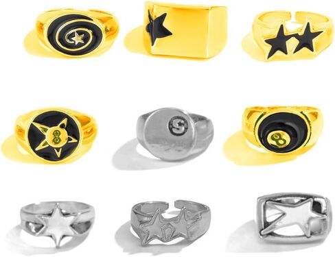 9Pcs Chunky Thick Billiards Black Eight Finger Rings Set Gothic Punk Stackable Knuckle Band Rings Gold Silver Stars Black 8 Jewelry for Women Men in Saudi Arabia