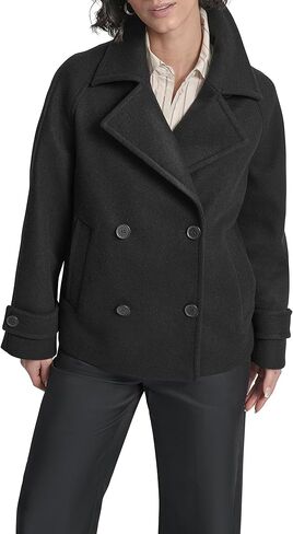 DKNY Women's Faux Wool Double-breasted Short Coat – Tailored Chic Winter Jacket in Saudi Arabia