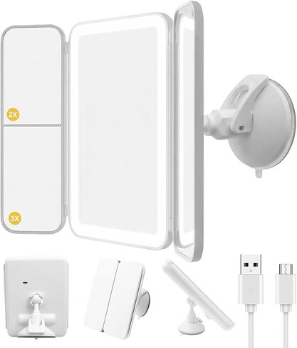 مرآة مكياج LED ثلاثية الطي مع أضواء، مرآة دش الحمام مع حامل شفط قوي، مرآة مكياج قابلة لإعادة الشحن مع تكبير 2X/3X، 3 أضواء ألوان وسطوع قابل للتعديل in Kuwait