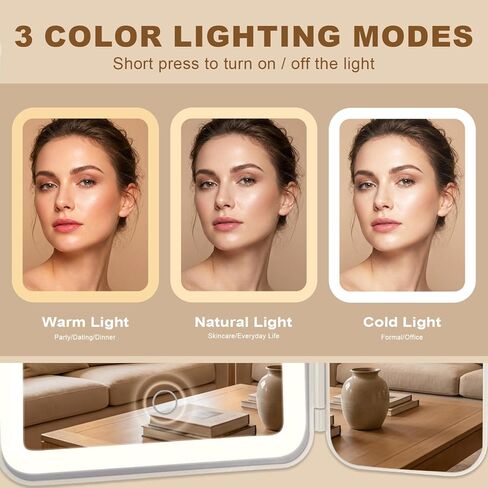 مرآة مكياج LED ثلاثية الطي مع أضواء، مرآة دش الحمام مع حامل شفط قوي، مرآة مكياج قابلة لإعادة الشحن مع تكبير 2X/3X، 3 أضواء ألوان وسطوع قابل للتعديل in Kuwait