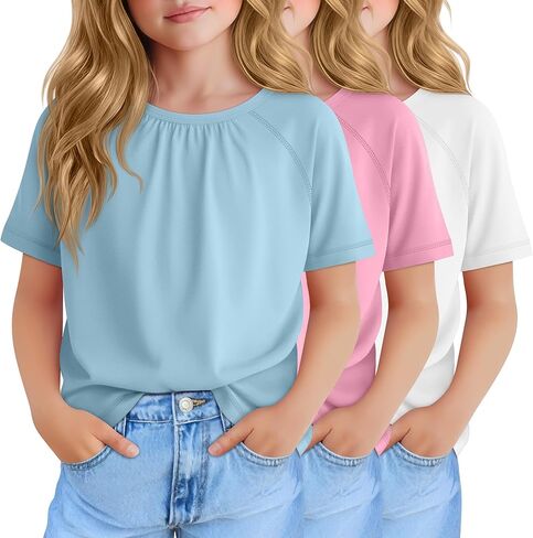 3 Pack Girls Pleated T Shirts Kids Short Sleeve Summer Casual Tops 5-14 Years Crewneck Kids Loose Tees in Saudi Arabia