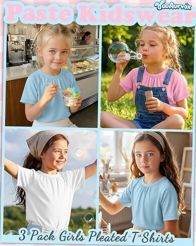3 Pack Girls Pleated T Shirts Kids Short Sleeve Summer Casual Tops 5-14 Years Crewneck Kids Loose Tees in Saudi Arabia