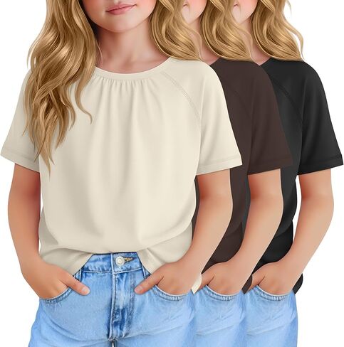 3 Pack Girls Pleated T Shirts Kids Short Sleeve Summer Casual Tops 5-14 Years Crewneck Kids Loose Tees in Saudi Arabia
