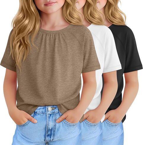 3 Pack Girls Pleated T Shirts Kids Short Sleeve Summer Casual Tops 5-14 Years Crewneck Kids Loose Tees in Saudi Arabia