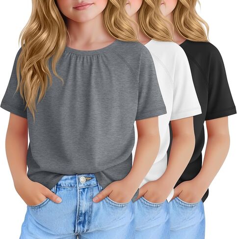 3 Pack Girls Pleated T Shirts Kids Short Sleeve Summer Casual Tops 5-14 Years Crewneck Kids Loose Tees in Saudi Arabia