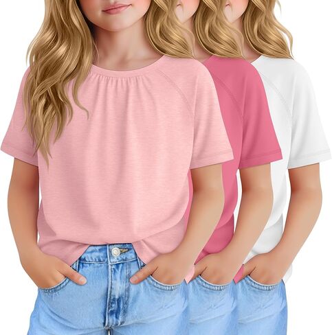 3 Pack Girls Pleated T Shirts Kids Short Sleeve Summer Casual Tops 5-14 Years Crewneck Kids Loose Tees in Saudi Arabia