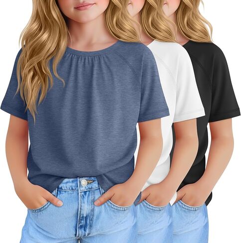 3 Pack Girls Pleated T Shirts Kids Short Sleeve Summer Casual Tops 5-14 Years Crewneck Kids Loose Tees in Saudi Arabia
