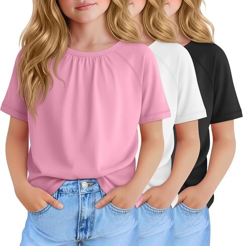 3 Pack Girls Pleated T Shirts Kids Short Sleeve Summer Casual Tops 5-14 Years Crewneck Kids Loose Tees in Saudi Arabia