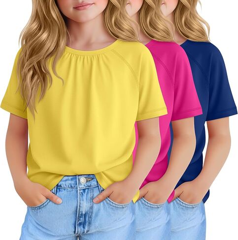 3 Pack Girls Pleated T Shirts Kids Short Sleeve Summer Casual Tops 5-14 Years Crewneck Kids Loose Tees in Saudi Arabia