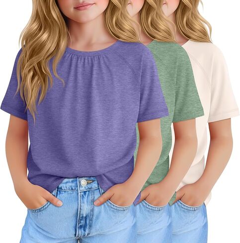 3 Pack Girls Pleated T Shirts Kids Short Sleeve Summer Casual Tops 5-14 Years Crewneck Kids Loose Tees in Saudi Arabia