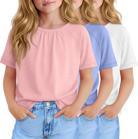 3 Pack Girls Pleated T Shirts Kids Short Sleeve Summer Casual Tops 5-14 Years Crewneck Kids Loose Tees in Saudi Arabia