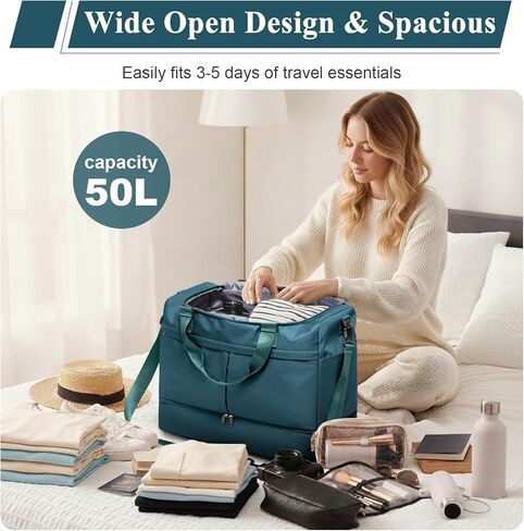Large Travel Duffel Bag, Weekender Bag for Women with Shoe Compartment & Toiletry Bag, Overnight Carry on Bag for Travel, Gym, Hospital, Business,Peacock Blue in Saudi Arabia