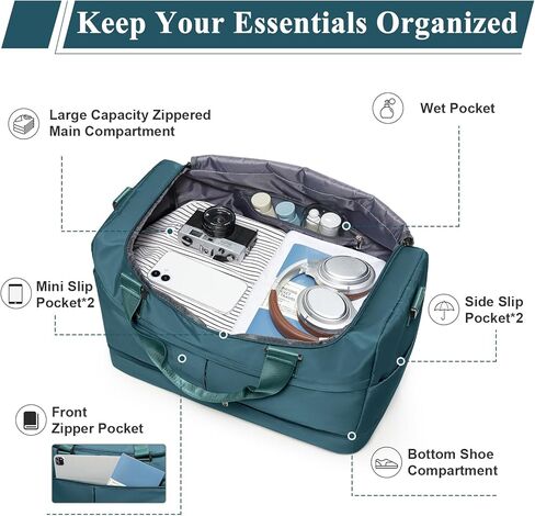 Large Travel Duffel Bag, Weekender Bag for Women with Shoe Compartment & Toiletry Bag, Overnight Carry on Bag for Travel, Gym, Hospital, Business,Peacock Blue in Saudi Arabia