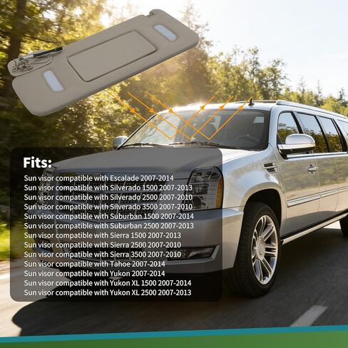 حاجب شمس رمادي للسائق على الجانب الأيسر مع ضوء متوافق مع Suburban 1500 2500 Tahoe Sierra Yukon XL Escalade 2007-2014 22850306 22850310 in Kuwait