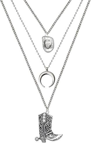 3 Pcs Boho Layered Western Cowgirl Necklaces for Women,Hat Bull Head Moon Crescent Cowboy Boot Charm Pendant Necklace,Country Concert Accessories Outfits Silver Jewelry for Women in Saudi Arabia