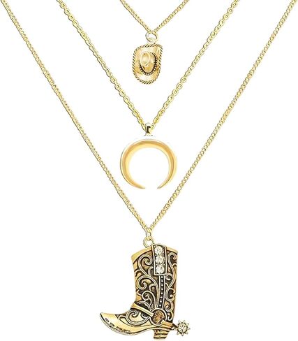 3 Pcs Boho Layered Western Cowgirl Necklaces for Women,Hat Bull Head Moon Crescent Cowboy Boot Charm Pendant Necklace,Country Concert Accessories Outfits Silver Jewelry for Women in Saudi Arabia