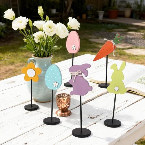 6PCS Wooden Easter Decorations, Spring Bunny Rabbit Egg Flower Table Sign, for Home Indoor Party Holiday Summer Farmhouse Decor in Saudi Arabia