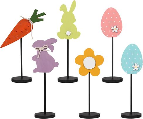 6PCS Wooden Easter Decorations, Spring Bunny Rabbit Egg Flower Table Sign, for Home Indoor Party Holiday Summer Farmhouse Decor in Saudi Arabia