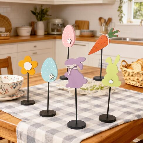 6PCS Wooden Easter Decorations, Spring Bunny Rabbit Egg Flower Table Sign, for Home Indoor Party Holiday Summer Farmhouse Decor in Saudi Arabia
