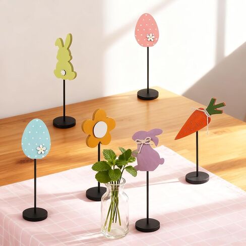 6PCS Wooden Easter Decorations, Spring Bunny Rabbit Egg Flower Table Sign, for Home Indoor Party Holiday Summer Farmhouse Decor in Saudi Arabia
