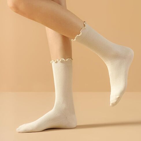 BEAU TODAY Womens Ruffle Crew Socks, Lovely Slouchy Soft Frilly Lettuce Trim Turn Cuff Cotton Calf Socks for Women in Saudi Arabia
