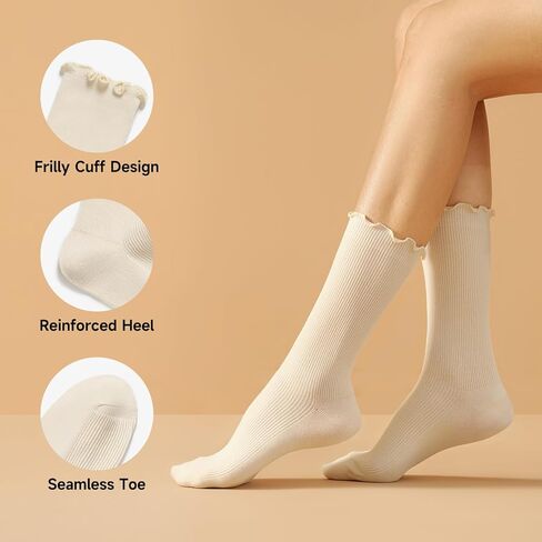 BEAU TODAY Womens Ruffle Crew Socks, Lovely Slouchy Soft Frilly Lettuce Trim Turn Cuff Cotton Calf Socks for Women in Saudi Arabia