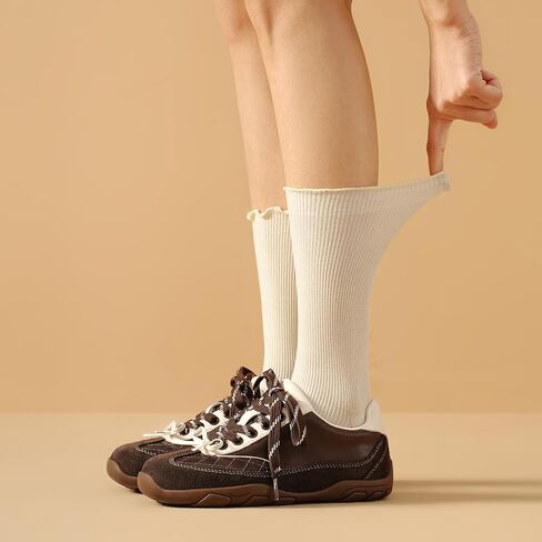 BEAU TODAY Womens Ruffle Crew Socks, Lovely Slouchy Soft Frilly Lettuce Trim Turn Cuff Cotton Calf Socks for Women in Saudi Arabia
