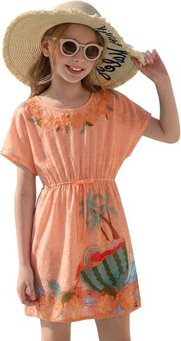 Haloumoning Girls Swim Cover Up Kids Summer Printed Short Sleeve Swimsuit Coverup Beach Bathing Suit Swimwear 5-14Y in Saudi Arabia
