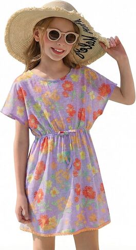 Haloumoning Girls Swim Cover Up Kids Summer Printed Short Sleeve Swimsuit Coverup Beach Bathing Suit Swimwear 5-14Y in Saudi Arabia