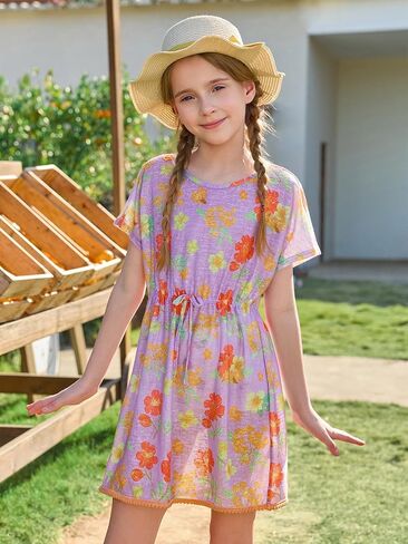 Haloumoning Girls Swim Cover Up Kids Summer Printed Short Sleeve Swimsuit Coverup Beach Bathing Suit Swimwear 5-14Y in Saudi Arabia