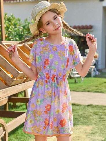 Haloumoning Girls Swim Cover Up Kids Summer Printed Short Sleeve Swimsuit Coverup Beach Bathing Suit Swimwear 5-14Y in Saudi Arabia