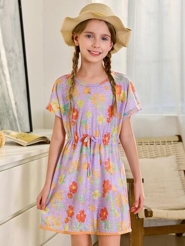Haloumoning Girls Swim Cover Up Kids Summer Printed Short Sleeve Swimsuit Coverup Beach Bathing Suit Swimwear 5-14Y in Saudi Arabia