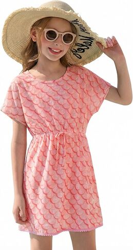 Haloumoning Girls Swim Cover Up Kids Summer Printed Short Sleeve Swimsuit Coverup Beach Bathing Suit Swimwear 5-14Y in Saudi Arabia
