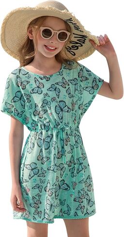 Haloumoning Girls Swim Cover Up Kids Summer Printed Short Sleeve Swimsuit Coverup Beach Bathing Suit Swimwear 5-14Y in Saudi Arabia