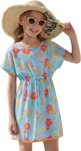 Haloumoning Girls Swim Cover Up Kids Summer Printed Short Sleeve Swimsuit Coverup Beach Bathing Suit Swimwear 5-14Y in Saudi Arabia