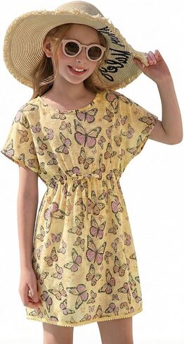 Haloumoning Girls Swim Cover Up Kids Summer Printed Short Sleeve Swimsuit Coverup Beach Bathing Suit Swimwear 5-14Y in Saudi Arabia