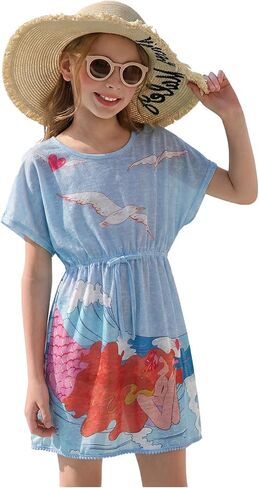 Haloumoning Girls Swim Cover Up Kids Summer Printed Short Sleeve Swimsuit Coverup Beach Bathing Suit Swimwear 5-14Y in Saudi Arabia