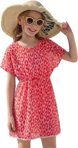 Haloumoning Girls Swim Cover Up Kids Summer Printed Short Sleeve Swimsuit Coverup Beach Bathing Suit Swimwear 5-14Y in Saudi Arabia
