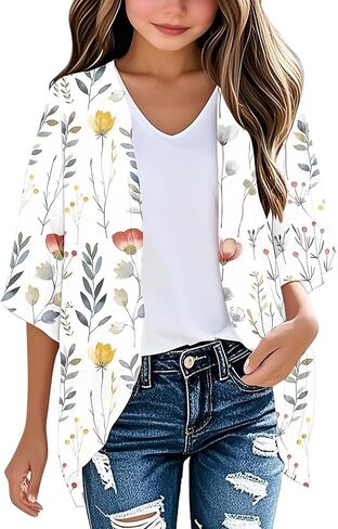 Teen Girls Sheer Cardigans Summer Lightweight Chiffon Cardigan 3/4 Length Sleeve Boho Floral Beach Beach Cover Ups in Saudi Arabia
