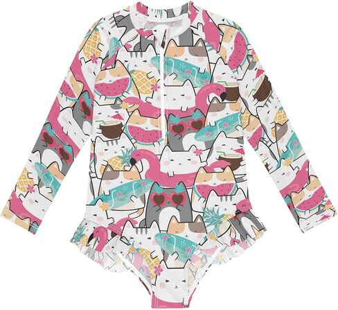 QUGRL الفتيات طفح الحرس طويلة الأكمام قطعة واحدة المايوه Kawaii لطيف القطط سستة فتاة الاستحمام الدعاوى حجم 9-10 الملونة الصيف الأشعة فوق البنفسجية ملابس السباحة الوقوف طوق in Kuwait