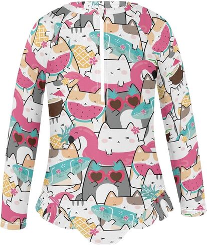 QUGRL الفتيات طفح الحرس طويلة الأكمام قطعة واحدة المايوه Kawaii لطيف القطط سستة فتاة الاستحمام الدعاوى حجم 9-10 الملونة الصيف الأشعة فوق البنفسجية ملابس السباحة الوقوف طوق in Kuwait